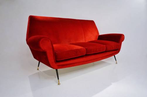 Saporiti sofa in original red velvet, 1950`s ca, Italian